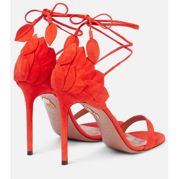 Aquazzura Orange Suede Leaf Detail Lace Up Stiletto Sandals Heels Size 37.5 - Picture 2 of 11